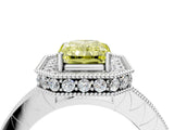 Platinum Fancy Yellow Radiant Cut Diamond Milgrain Halo Engagement Ring with Round Pavé Band and Prong Setting_16