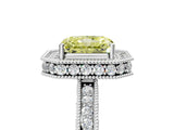 Platinum Fancy Yellow Radiant Cut Diamond Milgrain Halo Engagement Ring with Round Pavé Band and Prong Setting_17