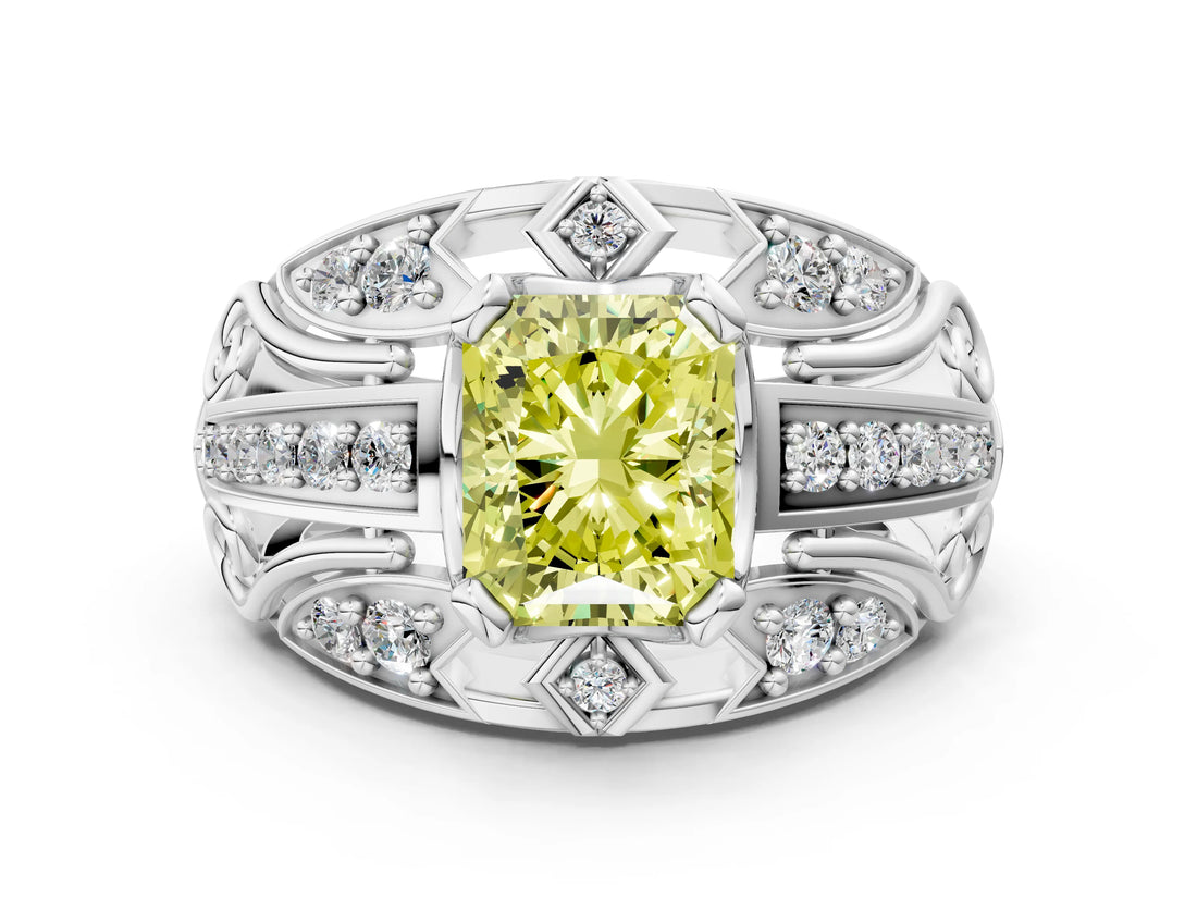 Platinum Fancy Yellow Radiant Cut Diamond Pave Art Deco Split Shank Ring with Four-Prong Setting_6