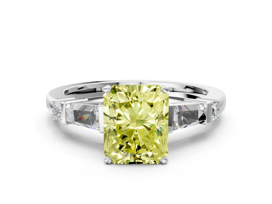 Platinum Fancy Yellow Radiant  Cut Diamond Ring with Baguette Side Stones, Channel Set Band, and Four-Prong Setting_12