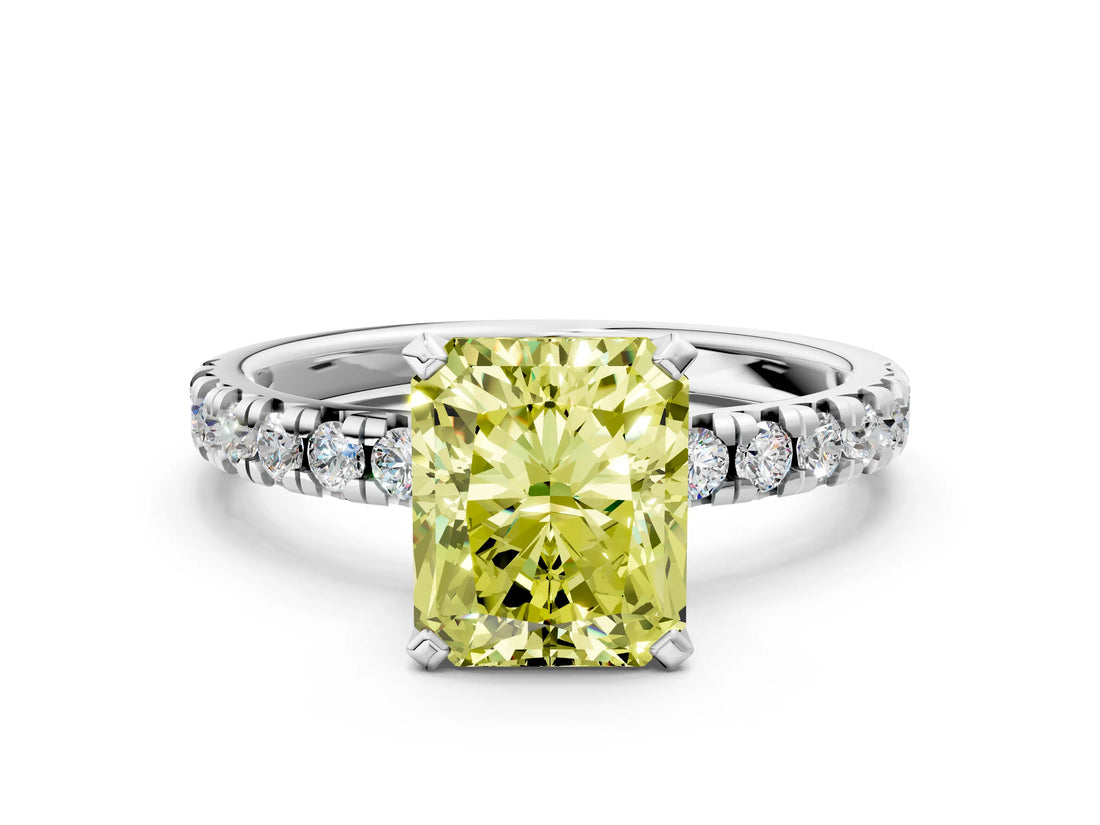 Platinum Fancy Yellow Radiant Cut Diamond Solitaire Pavé Engagement Ring with Round Band and Prong Setting_1