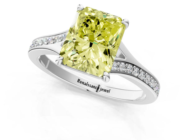 Platinum Fancy Yellow Radiant Cut Diamond Solitaire Ring with Pavé Band and Prong Setting