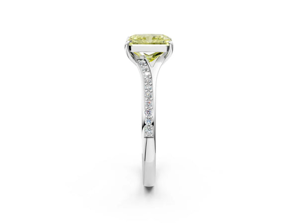 Platinum Fancy Yellow Radiant Cut Diamond Solitaire Ring with Pavé Band and Prong Setting
