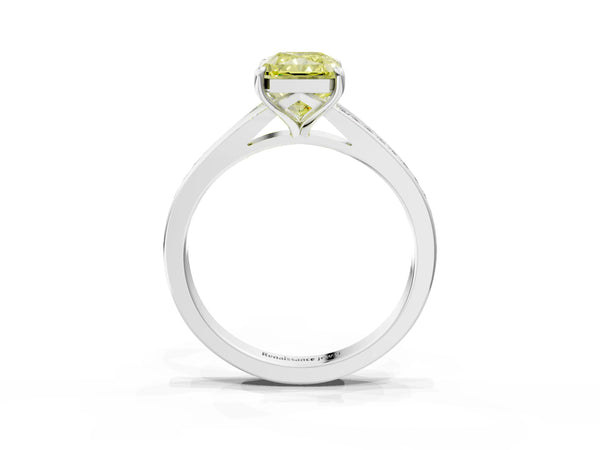 Platinum Fancy Yellow Radiant Cut Diamond Solitaire Ring with Pavé Band and Prong Setting
