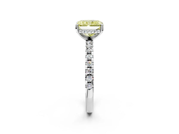 Platinum Radiant Cut Hidden Halo Solitaire Engagement Ring Setting for Fancy Yellow Center with Single Row Pave Band