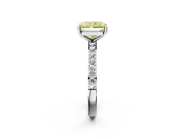 Platinum Fancy Yellow Radiant  Cut Diamond Solitaire with Pave Band and Four-Prong Setting