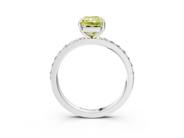 Platinum Fancy Yellow Radiant  Cut Diamond Solitaire with Pave Band and Four-Prong Setting