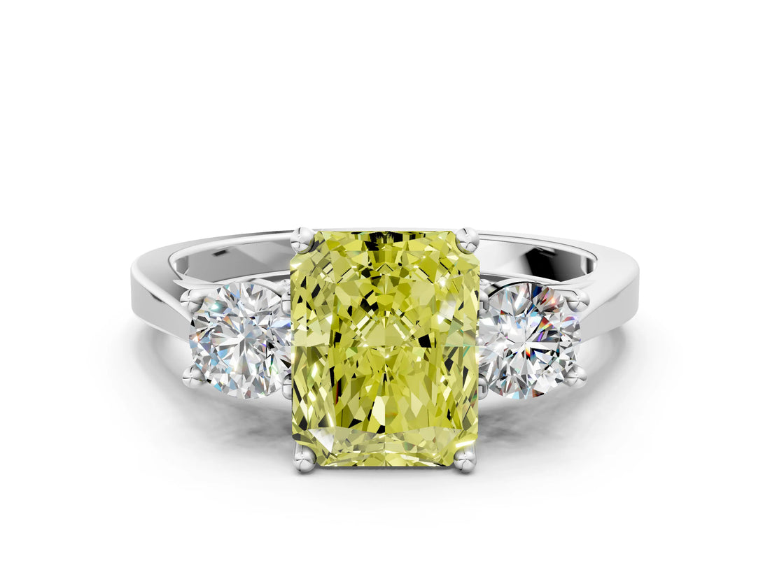 Platinum Fancy Yellow Radiant Cut Diamond Three-Stone Engagement Ring with Prong Setting and Pavé Band_12