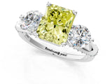 Platinum Fancy Yellow Radiant Cut Diamond Three-Stone Ring with Prong Setting and Pavé Band_13