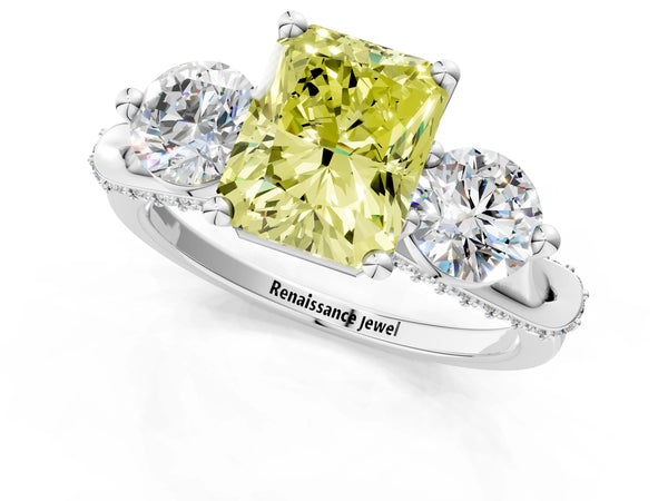 Platinum Radiant Cut Curved Pave Three Stone Engagement Ring Setting for Fancy Yellow Center