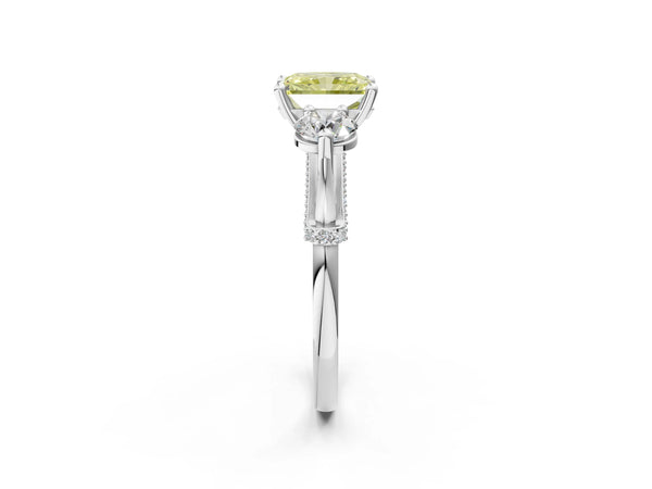 Platinum Radiant Cut Curved Pave Three Stone Engagement Ring Setting for Fancy Yellow Center