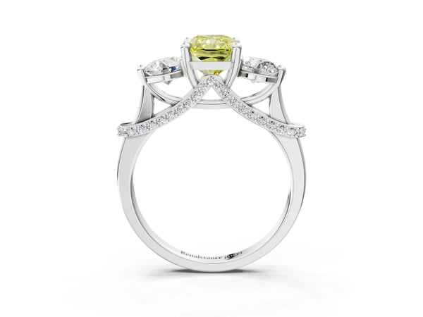 Platinum Radiant Cut Curved Pave Three Stone Engagement Ring Setting for Fancy Yellow Center