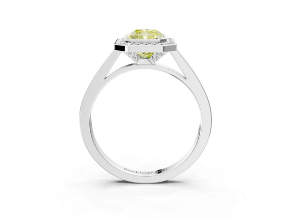 Platinum Fancy Yellow Radiant Cut Halo Bezel Diamond Pave Band Ring