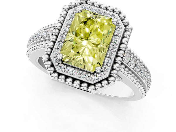 Platinum Radiant Cut Beaded Halo Engagement Ring Setting for Fancy Yellow Center with Pave