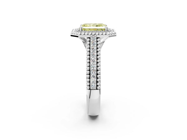 Platinum Radiant Cut Beaded Halo Engagement Ring Setting for Fancy Yellow Center with Pave