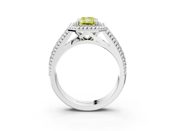 Platinum Radiant Cut Beaded Halo Engagement Ring Setting for Fancy Yellow Center with Pave