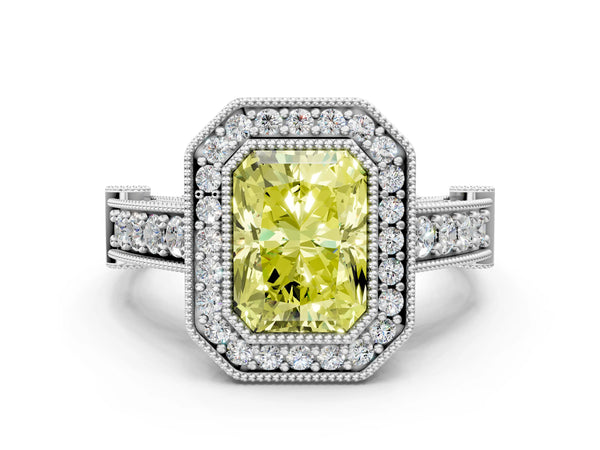 Platinum Radiant Cut Vintage Bezel Halo Engagement Ring Setting for Fancy Yellow Center