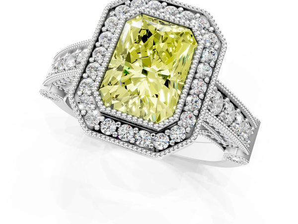 Platinum Radiant Cut Vintage Bezel Halo Engagement Ring Setting for Fancy Yellow Center