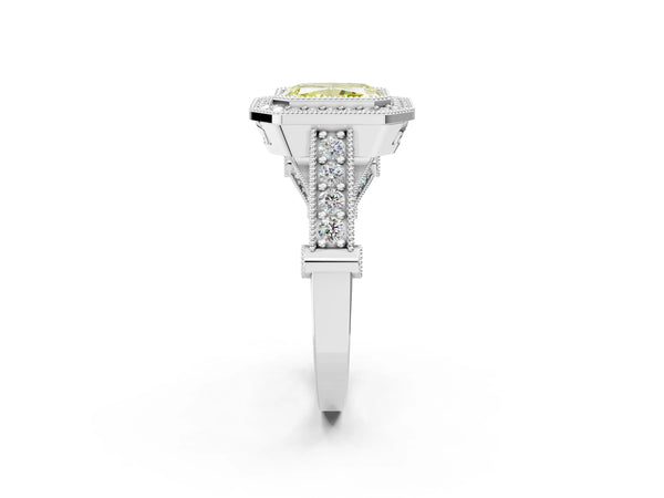 Platinum Radiant Cut Vintage Bezel Halo Engagement Ring Setting for Fancy Yellow Center