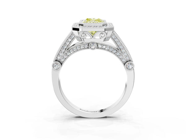 Platinum Radiant Cut Vintage Bezel Halo Engagement Ring Setting for Fancy Yellow Center