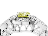 Platinum Fancy Yellow Radiant Cut Halo Milgrain Diamond Engagement Ring with Leaf Band and Four-Prong Setting_16