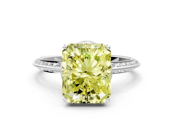 Platinum Radiant Cut Graduated Pave Engagement Ring Setting for Fancy Yellow Center