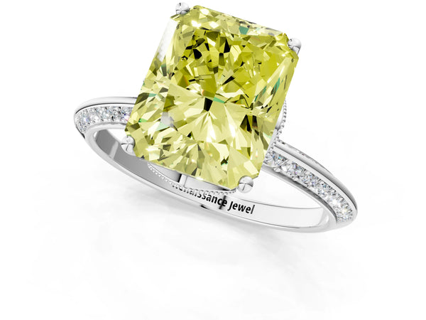 Platinum Radiant Cut Graduated Pave Engagement Ring Setting for Fancy Yellow Center