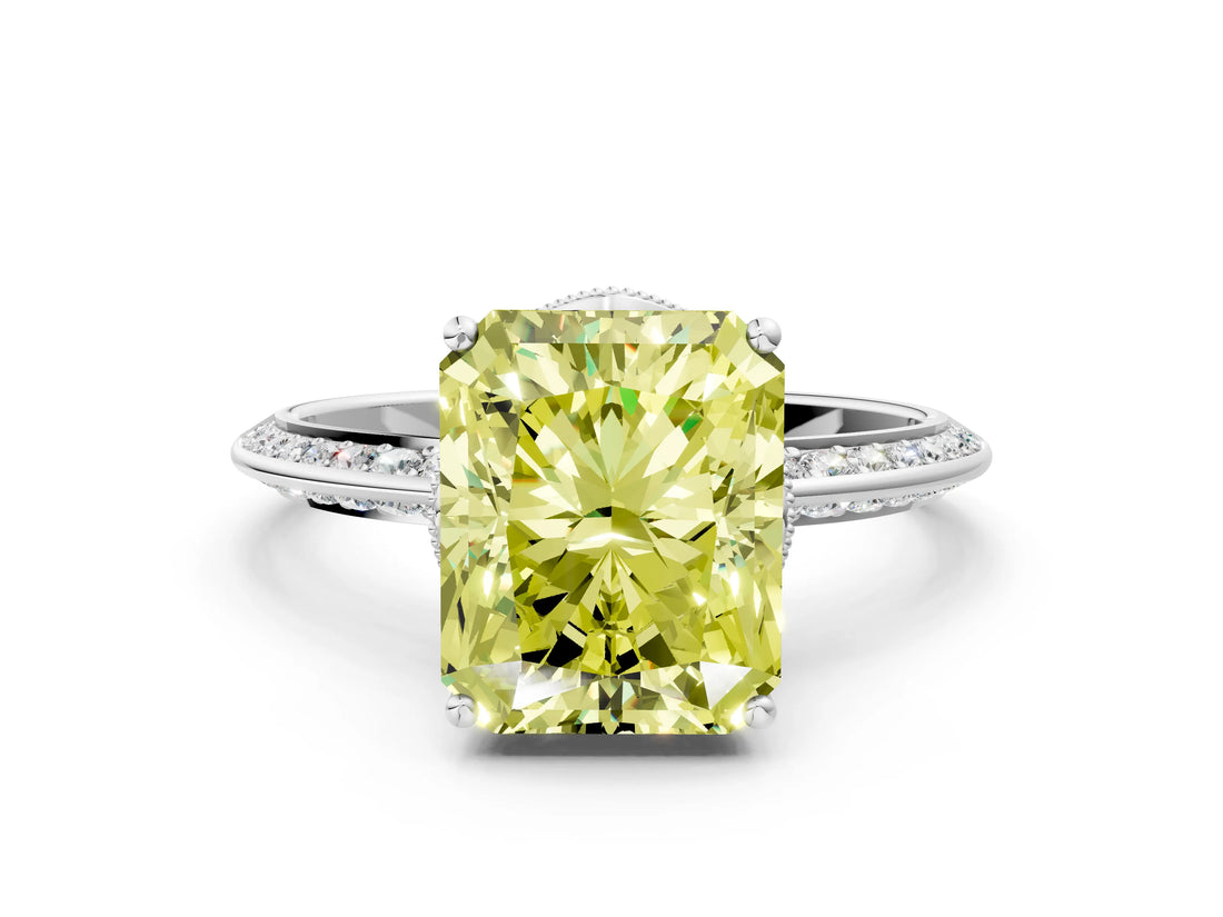 Platinum Fancy Yellow Radiant Cut Solitaire Split Shank Pave Diamond Engagement Ring with Four-Prong Setting_30