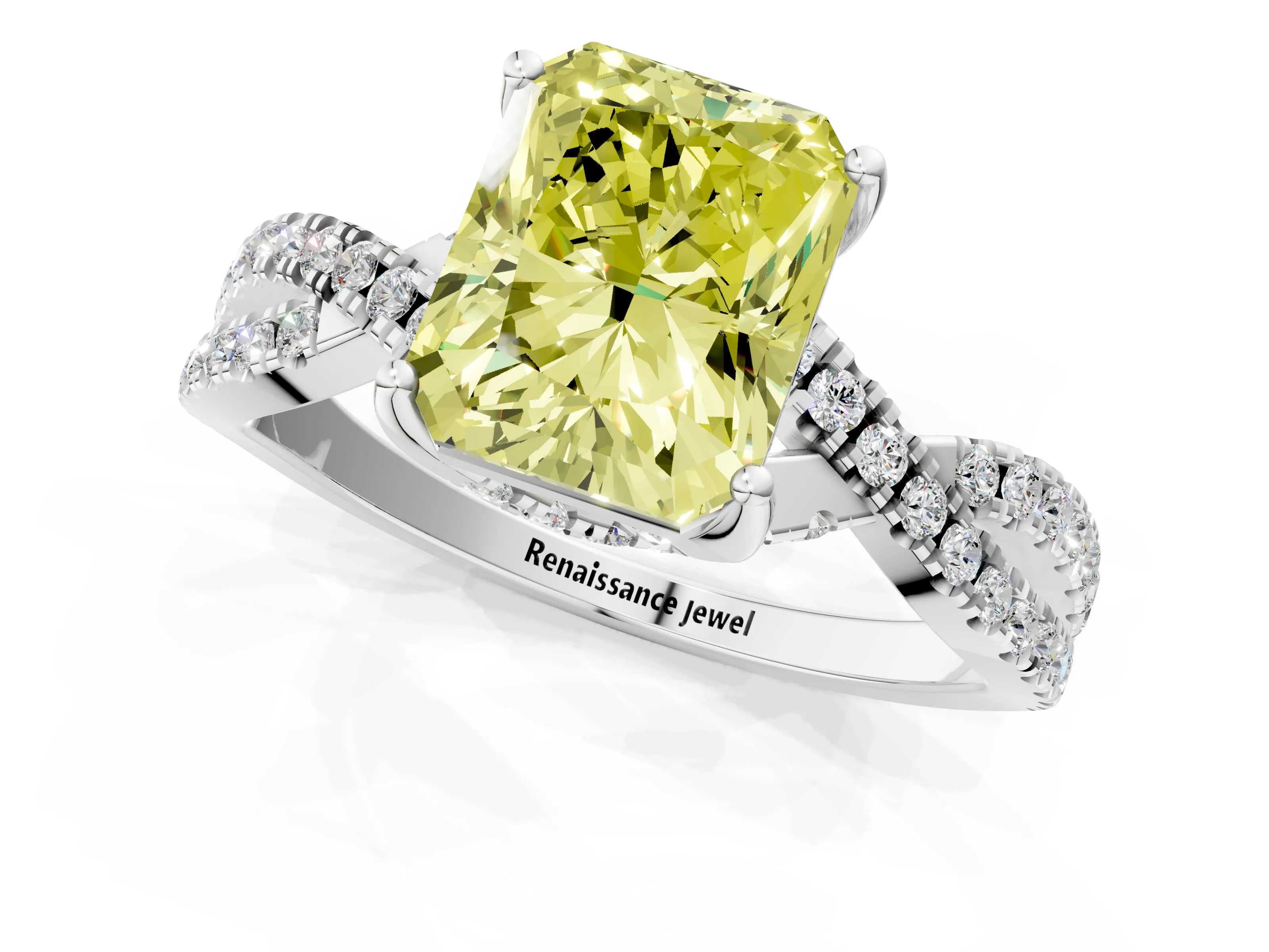 Platinum Fancy Yellow Radiant Cut Solitaire Twist Pave Diamond Engagement Ring with Prong Setting_43