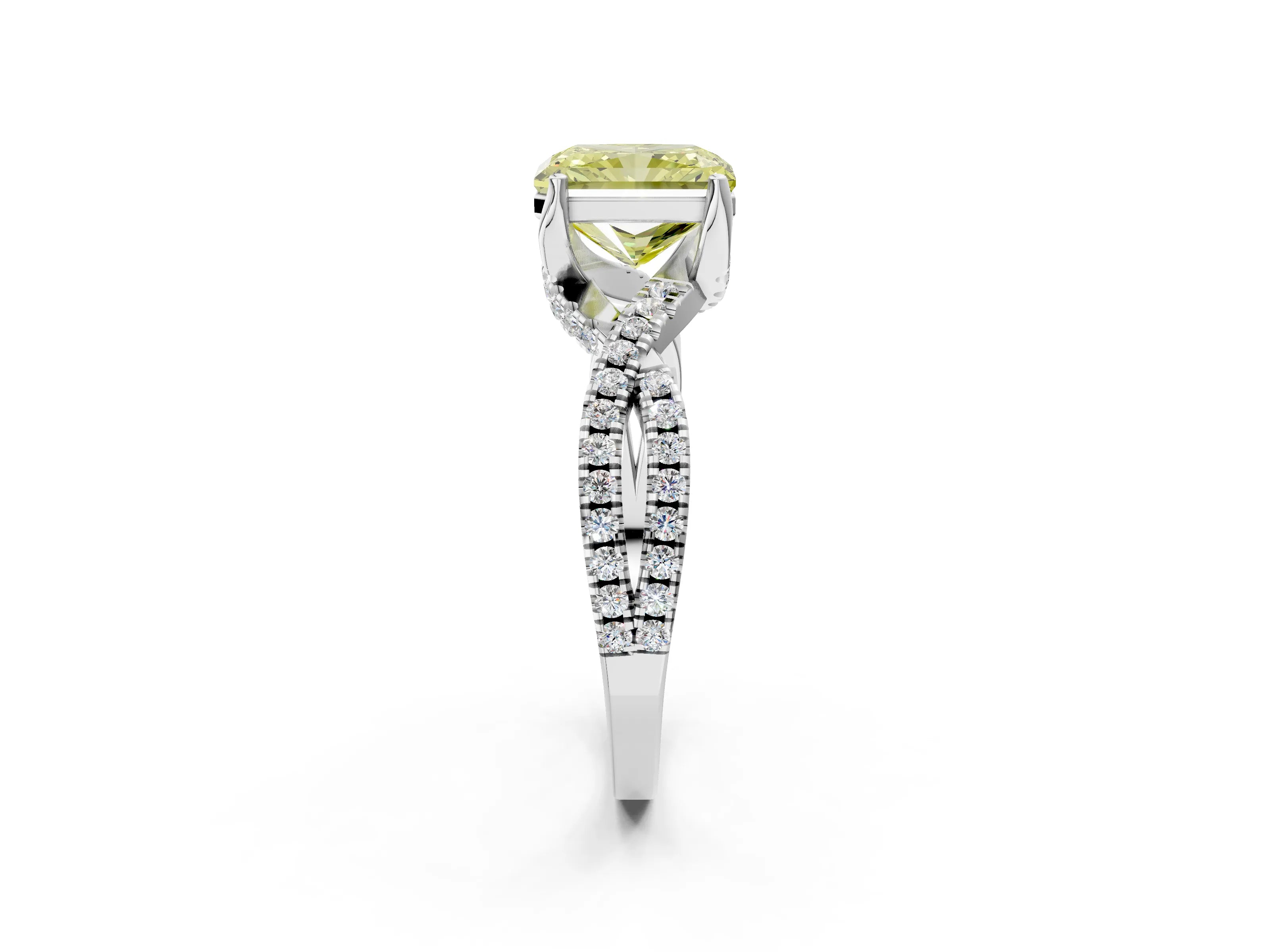 Platinum Fancy Yellow Radiant Cut Solitaire Twist Pave Diamond Engagement Ring with Prong Setting_44