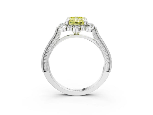 Platinum Fancy Yellow Radiant  Halo Milgrain Pave Diamond Ring with Four-Prong Setting