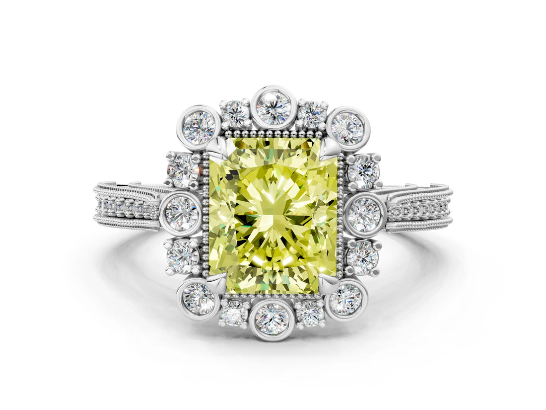 Platinum Fancy Yellow Radiant  Halo Milgrain Pave Diamond Ring with Four-Prong Setting