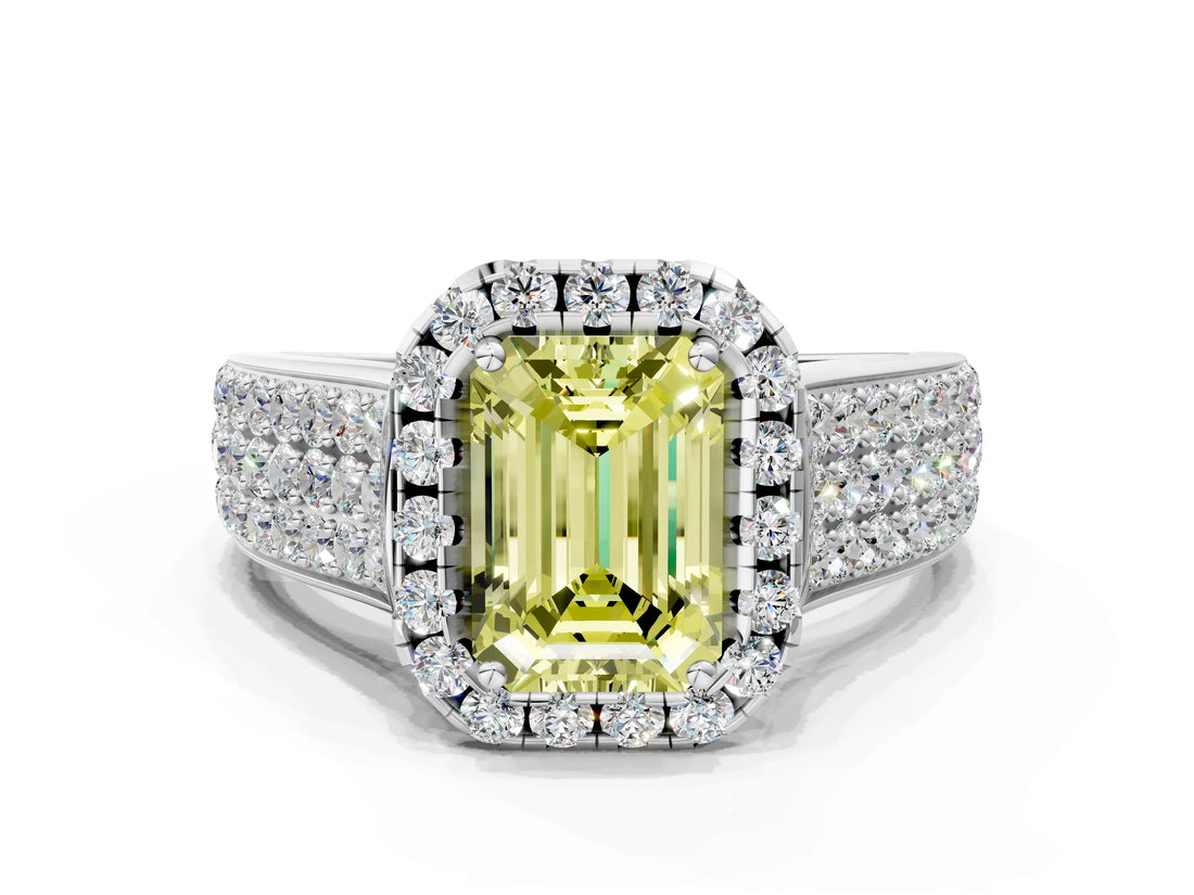 Platinum Fancy Yellow Radiant  Halo Round Diamond Pave Band with Prong Setting