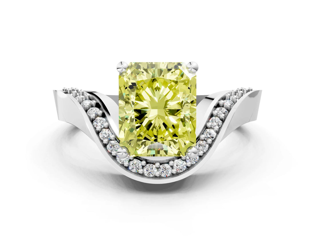 Platinum Fancy Yellow Radiant  Solitaire Diamond Engagement Ring with Pave Band and Four-Prong Setting 1