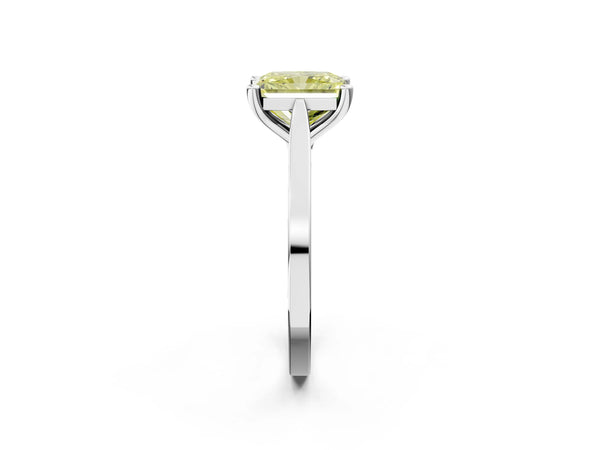 Platinum Fancy Yellow Radiant  Solitaire Diamond Ring with Four-Prong Setting and Tapered Band