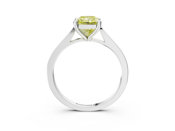 Platinum Fancy Yellow Radiant  Solitaire Diamond Ring with Four-Prong Setting and Tapered Band
