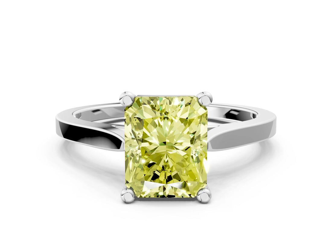 Platinum Fancy Yellow Radiant  Solitaire Diamond Ring with Four-Prong Setting and Tapered Band