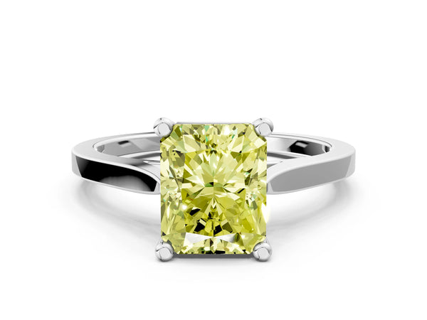 Platinum Fancy Yellow Radiant  Solitaire Diamond Ring with Four-Prong Setting and Tapered Band