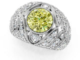 Platinum Fancy Yellow Round Cut Brilliant Halo Pave Diamond Milgrain Ring_13