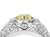 Platinum Fancy Yellow Round Cut Brilliant Halo Pave Diamond Milgrain Ring_16
