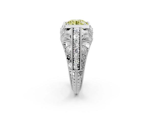 Platinum Fancy Yellow Round Cut Brilliant Milgrain Filigree Diamond Ring with Square Prong Setting
