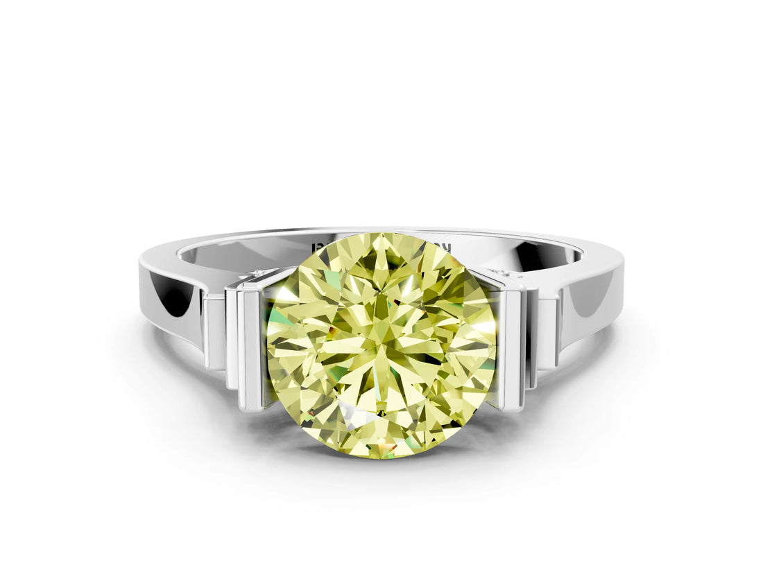 Platinum Fancy Yellow Round Cut Brilliant Solitaire Diamond Ring with Channel Set Band and Bar Prong Setting_12