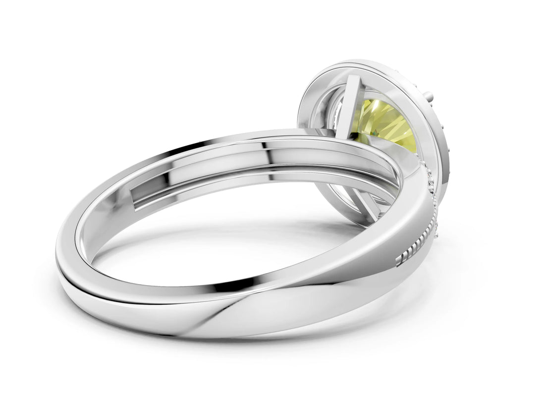 Platinum Fancy Yellow Round Cut Diamond Double Halo Ring with Split Shank and Four-Prong Setting_6