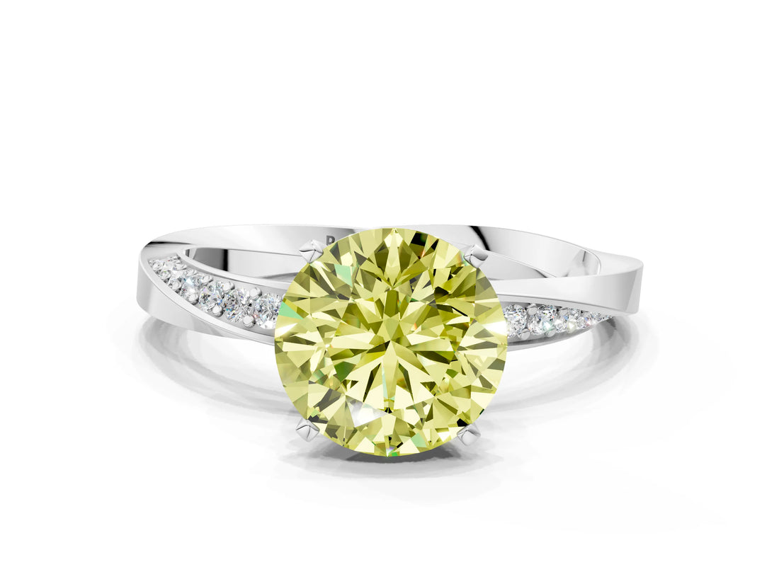 Platinum Fancy Yellow Round Cut Diamond Engagement Ring with Side Stone Accents and Four-Prong Setting