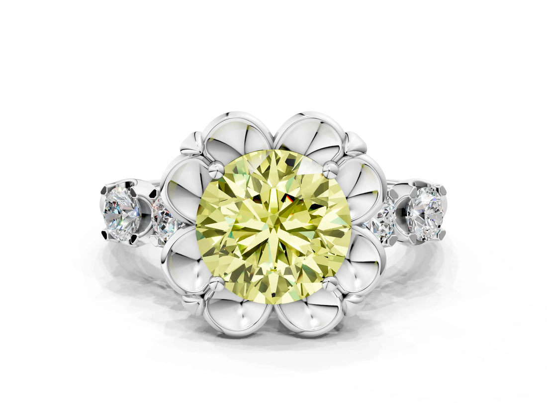 Platinum Fancy Yellow Round  Cut Diamond Floral Halo Engagement Ring with Shared Prong Setting