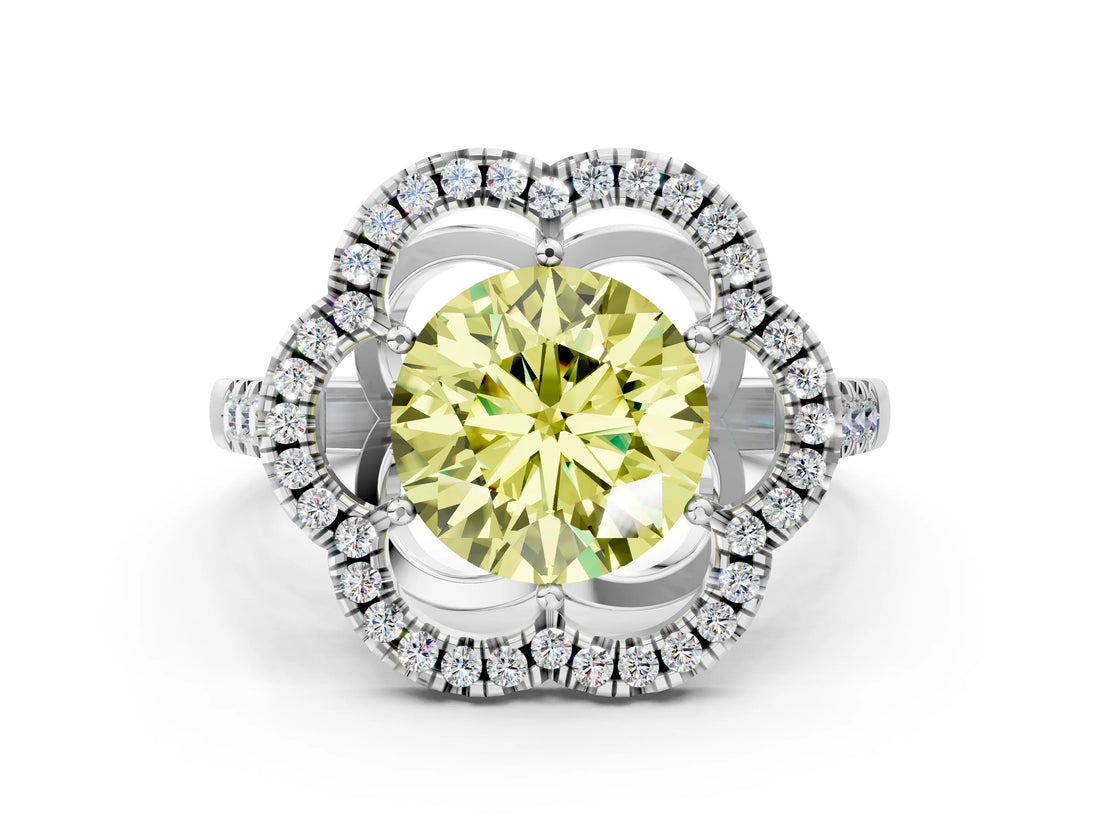 Platinum Fancy Yellow Round Cut Diamond Floral Halo Split Shank Prong Setting Ring_24