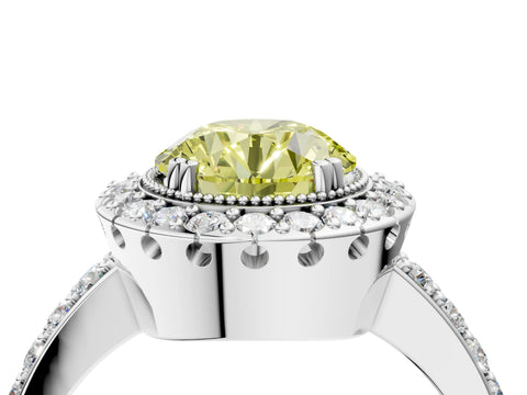 Platinum Fancy Yellow Round Cut Diamond Halo Ring with Pavé Band and Prong Setting_14