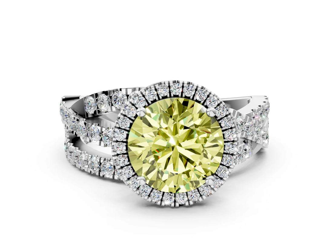 Platinum Fancy Yellow Round Cut Diamond Halo Ring with Round Split Shank and Prong Setting_12