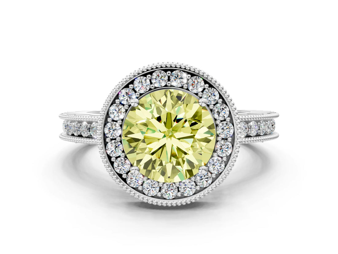 Platinum Fancy Yellow Round Cut Diamond Milgrain Halo Engagement Ring with Round Pavé Band and Prong Setting_12