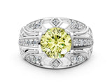 Platinum Fancy Yellow Round Cut Diamond Pave Art Deco Split Shank Ring with Four-Prong Setting_6